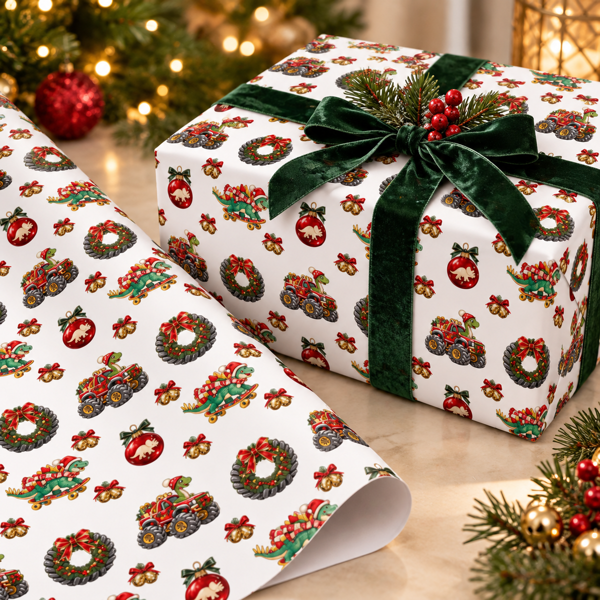 Christmas Dinosaur & Monster Truck Wrapping Paper.