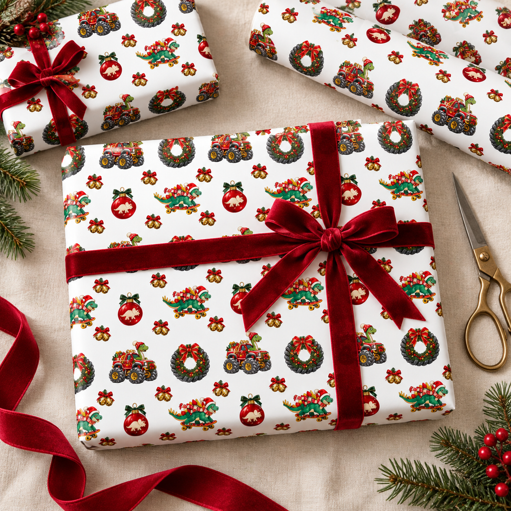 Christmas Dinosaur & Monster Truck Wrapping Paper.