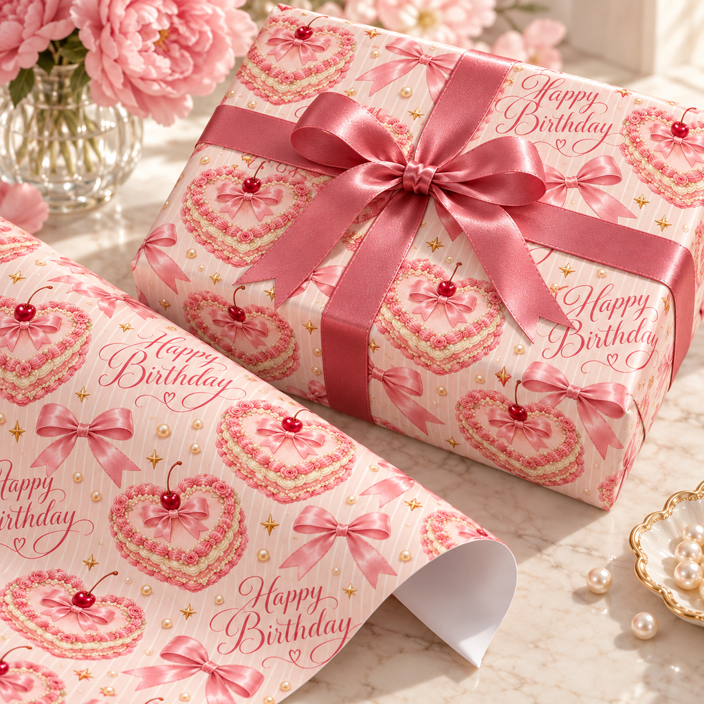 Pink Coquette Birthday Wrapping Paper | Cakes, Bows & Blush Stripes