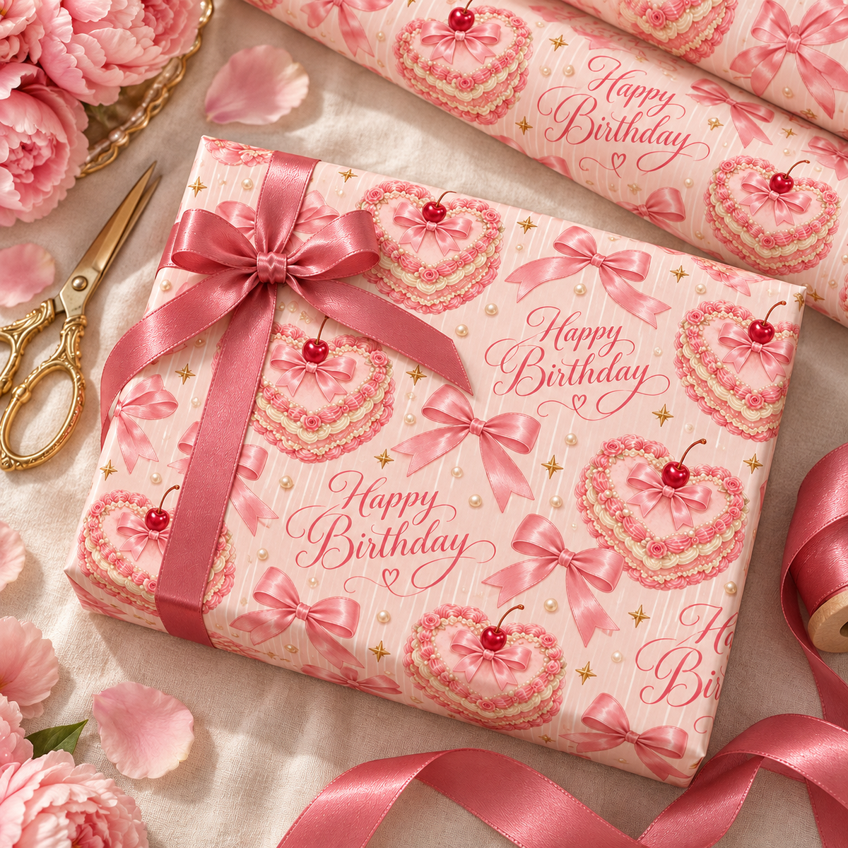 Pink Coquette Birthday Wrapping Paper | Cakes, Bows & Blush Stripes