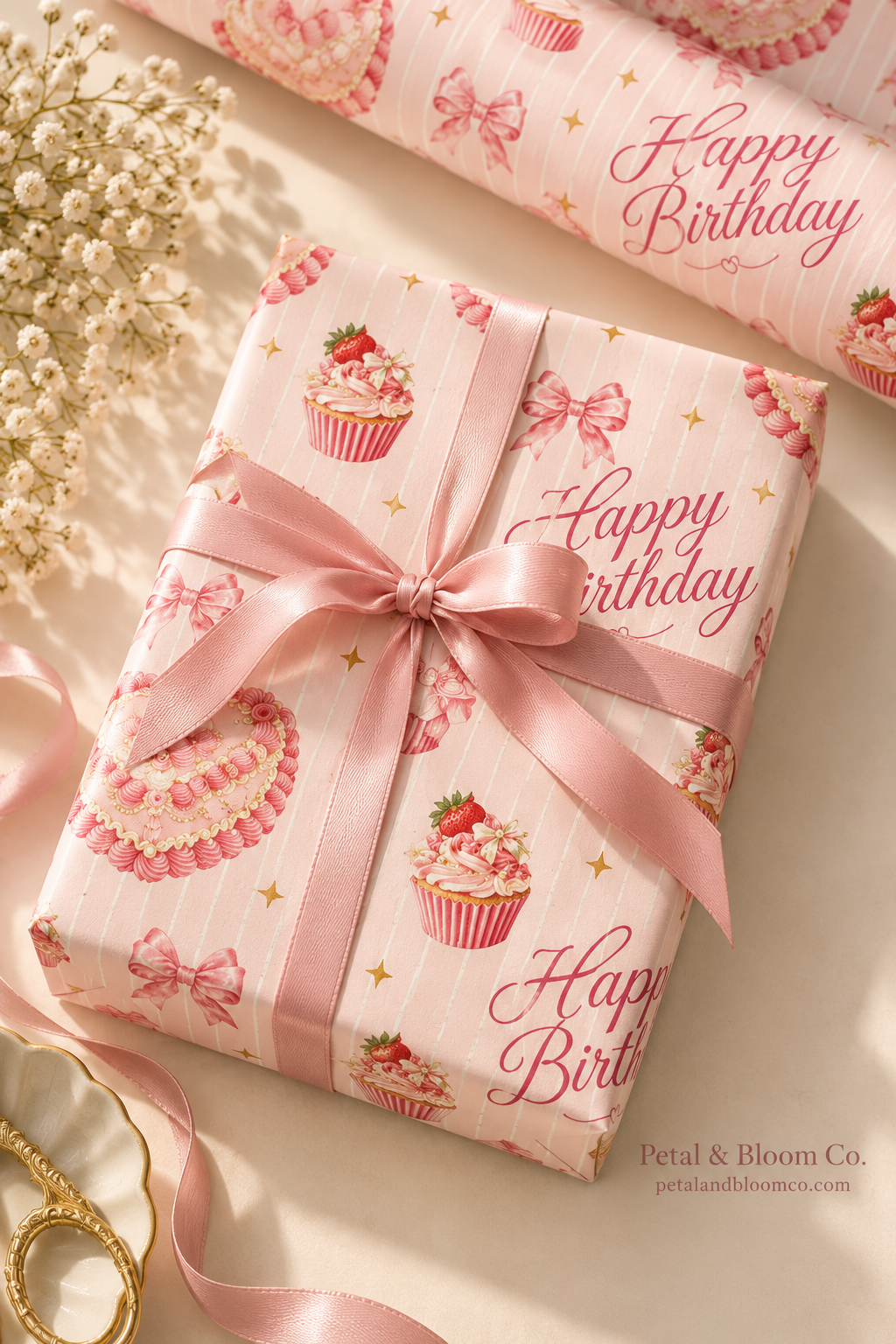 Pink Coquette Birthday Wrapping Paper | Cakes, Bows & Blush Stripes
