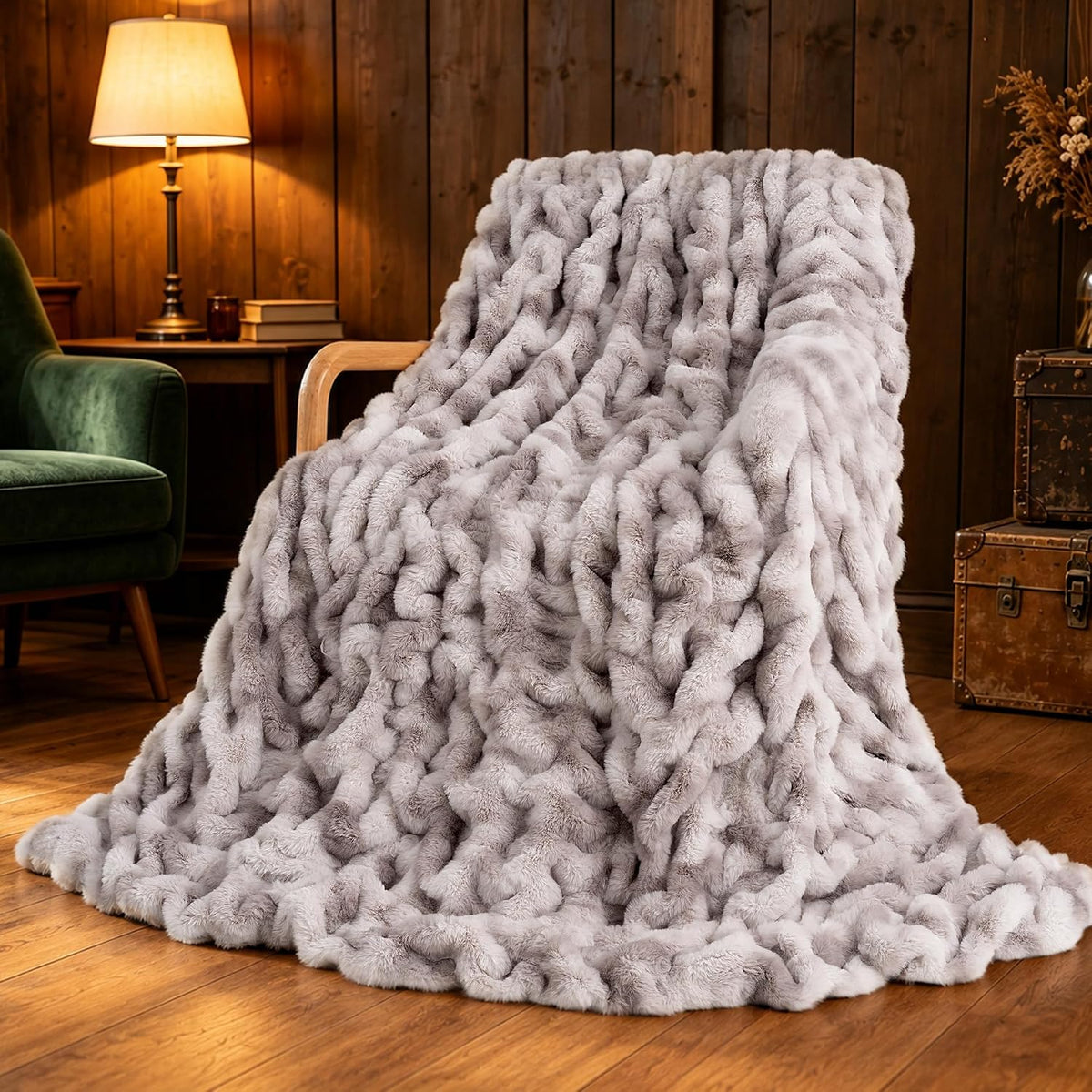 700GSM Faux Fur Throw Blanket, Ruched Soft Fuzzy Blankets,Warm Cozy